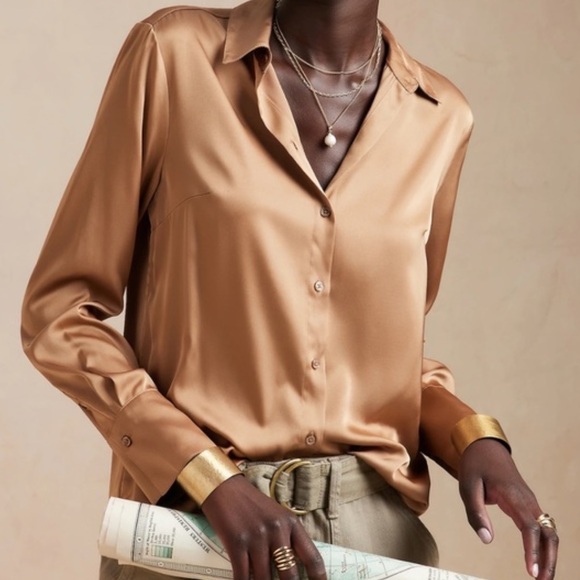 Banana Republic Tops - 🕶️New Banana Republic- 100% Silk Stretch Blouse XL Brown Bronze